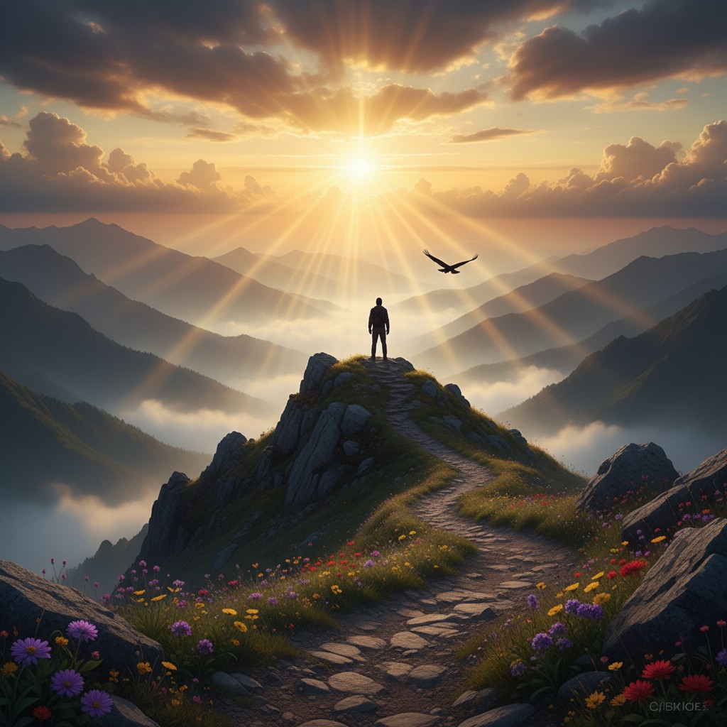 An image depicting a man standing at the peak of a mountain, basking in the sunlight of a partially sunny sky, surrounded ...